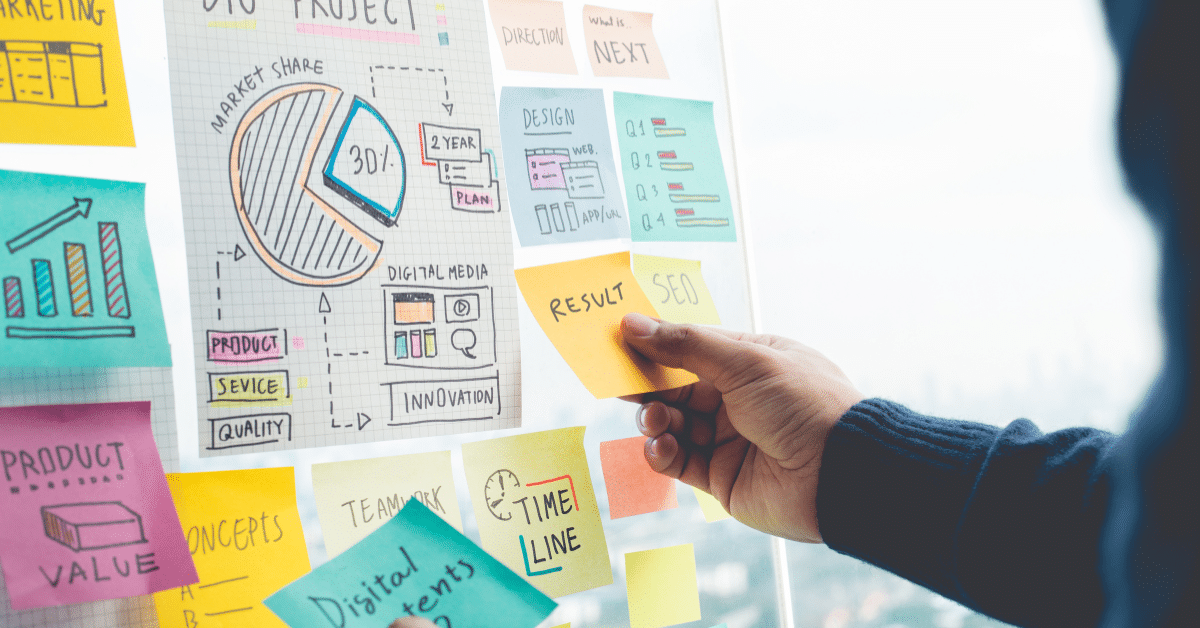 Marketing team whiteboard with sticky notes